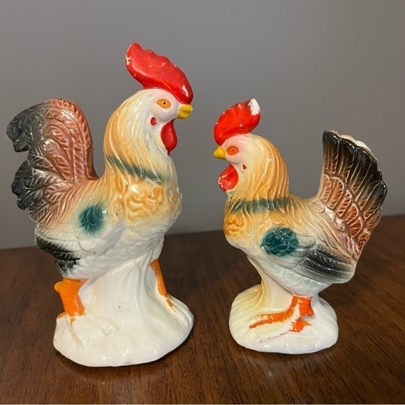 VINTAGE CERAMIC ROOSTER HEN CHICKEN SALT PEPPER SHAKERS JAPAN. - Picture 3 of 13